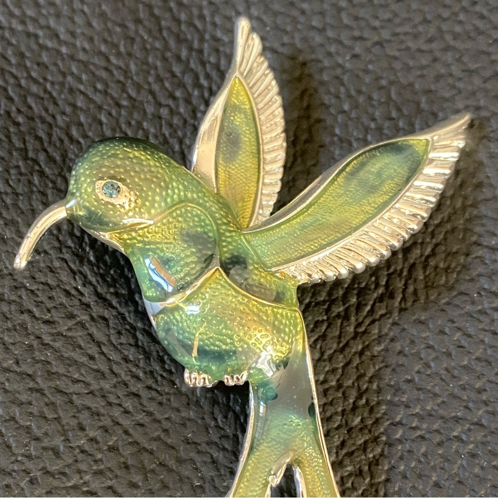 Green Enamel Hummingbird Brooch Silver Tone Pin Vintage Jewelry